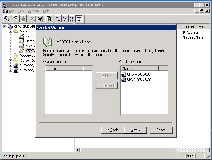 MS DTC Cluster Configuration Network Name Owners