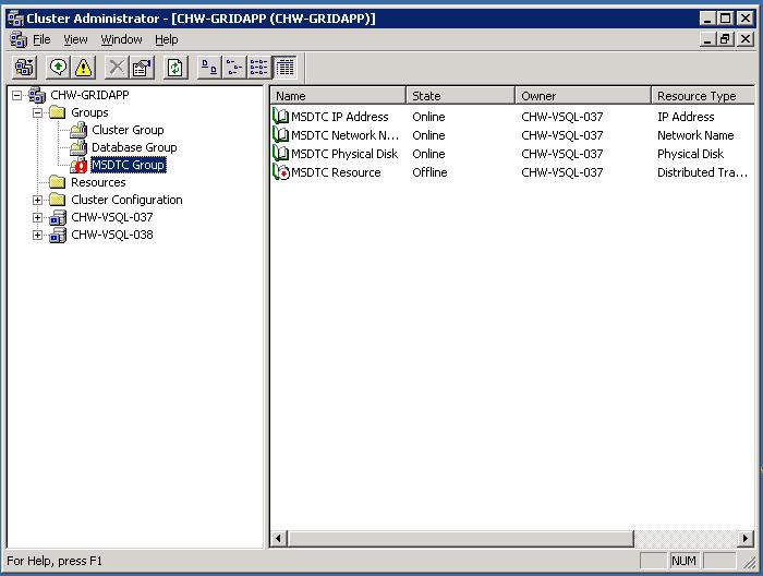 Cluster Administrator expand MSDTC Group Resource list 