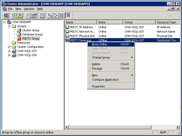 Cluster Administrator Bringing the MSDTC Resource Online 