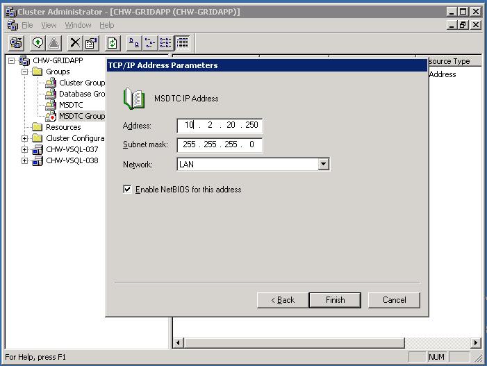 MS DTC Cluster Configuration New Resource IP Parameters