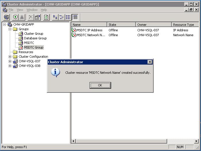 MS DTC Cluster Configuration Network Name Confirm